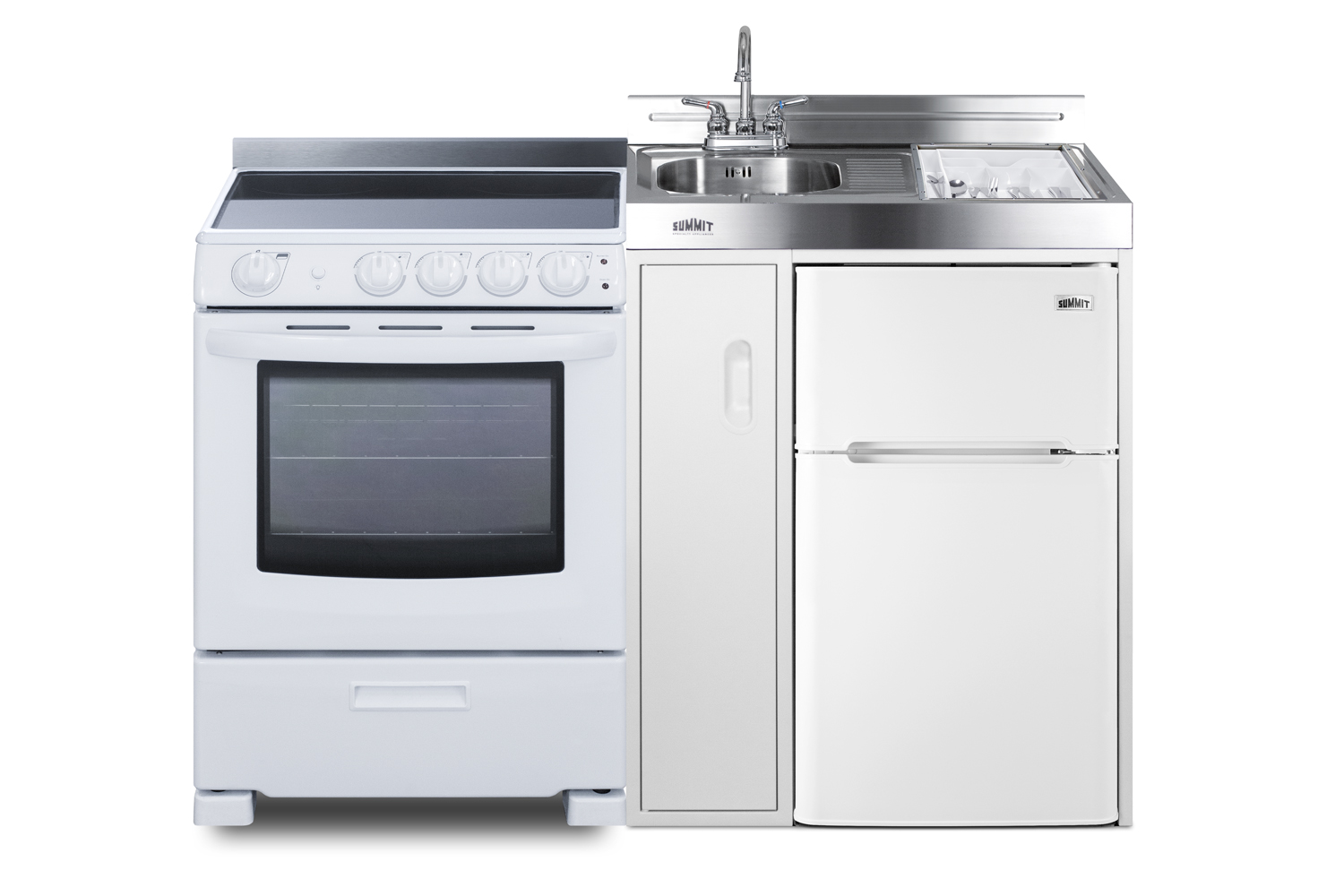 54 inch wide all-in-one kitchenette with 4-burner 220V smooth-top electric range, refrigerator-freezer, sink, cutting board and cutlery storage, and a storage cabinet